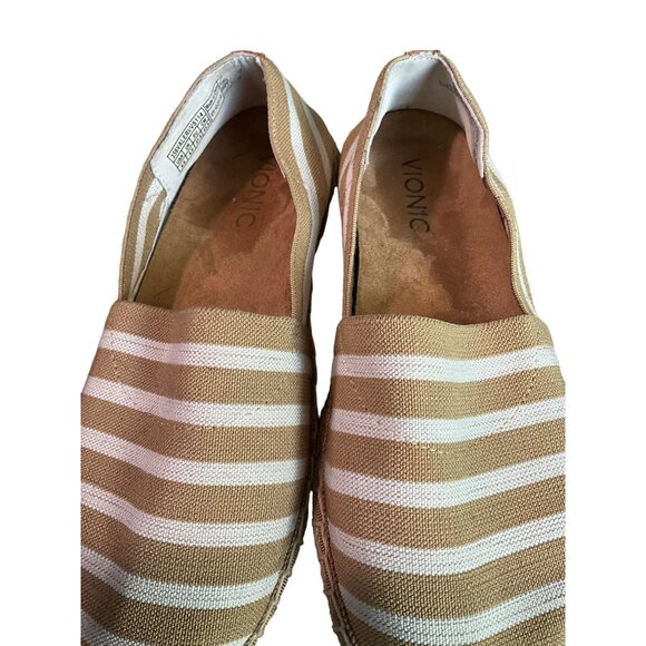 Vionic Women's Size 6.5 Kahki/Ivory Striped Slip On Loafers with Jute Trim - Picture 2 of 9